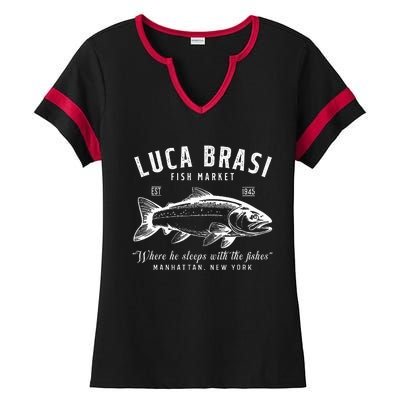 Luca Brasi Fish Market Est 1945 Fishing Ladies Halftime Notch Neck Tee