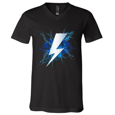 Lighting Bolt Graphic Blue Thunderbolt Design V-Neck T-Shirt