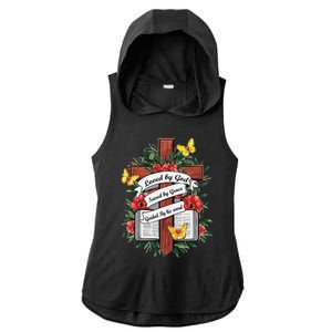 Loved By God Saved By Grace Guided By The Bible Floral Cross Ladies PosiCharge Tri-Blend Wicking Draft Hoodie Tank