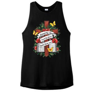 Loved By God Saved By Grace Guided By The Bible Floral Cross Ladies PosiCharge Tri-Blend Wicking Tank