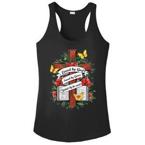 Loved By God Saved By Grace Guided By The Bible Floral Cross Ladies PosiCharge Competitor Racerback Tank