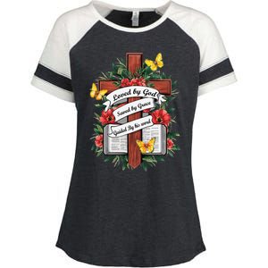 Loved By God Saved By Grace Guided By The Bible Floral Cross Enza Ladies Jersey Colorblock Tee