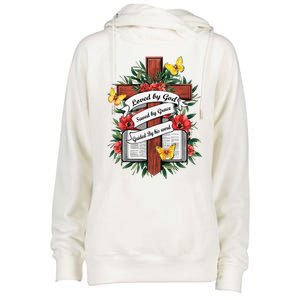 Loved By God Saved By Grace Guided By The Bible Floral Cross Womens Funnel Neck Pullover Hood