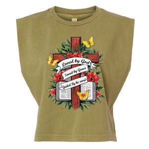 Loved By God Saved By Grace Guided By The Bible Floral Cross Garment-Dyed Women's Muscle Tee