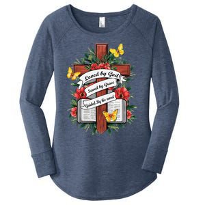 Loved By God Saved By Grace Guided By The Bible Floral Cross Women's Perfect Tri Tunic Long Sleeve Shirt