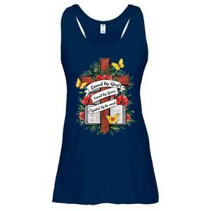 Loved By God Saved By Grace Guided By The Bible Floral Cross Ladies Essential Flowy Tank