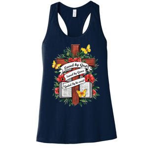 Loved By God Saved By Grace Guided By The Bible Floral Cross Women's Racerback Tank