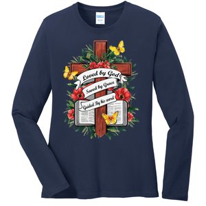 Loved By God Saved By Grace Guided By The Bible Floral Cross Ladies Long Sleeve Shirt