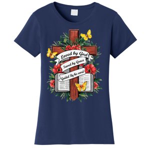 Loved By God Saved By Grace Guided By The Bible Floral Cross Women's T-Shirt