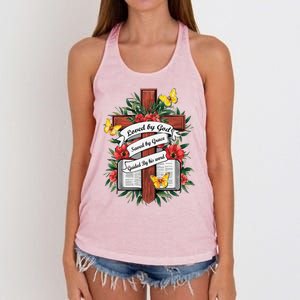 Loved By God Saved By Grace Guided By The Bible Floral Cross Women's Knotted Racerback Tank