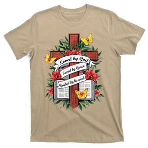 Loved By God Saved By Grace Guided By The Bible Floral Cross T-Shirt