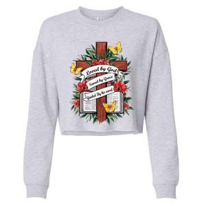 Loved By God Saved By Grace Guided By The Bible Floral Cross Cropped Pullover Crew