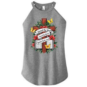 Loved By God Saved By Grace Guided By The Bible Floral Cross Women's Perfect Tri Rocker Tank