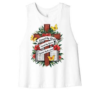 Loved By God Saved By Grace Guided By The Bible Floral Cross Women's Racerback Cropped Tank