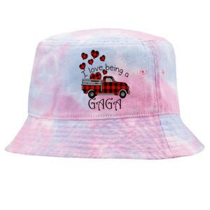 Love Being Gaga Red Plaid Truck Gnome Hearts Valentine's Day Gift, Funny Red Tie-Dyed Bucket Hat