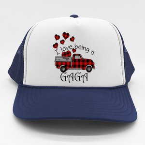 Love Being Gaga Red Plaid Truck Gnome Hearts Valentine's Day Gift, Funny Red Trucker Hat