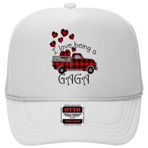 Love Being Gaga Red Plaid Truck Gnome Hearts Valentine's Day Gift, Funny Red High Crown Mesh Back Trucker Hat