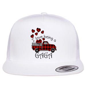 Love Being Gaga Red Plaid Truck Gnome Hearts Valentine's Day Gift, Funny Red Flat Bill Trucker Hat