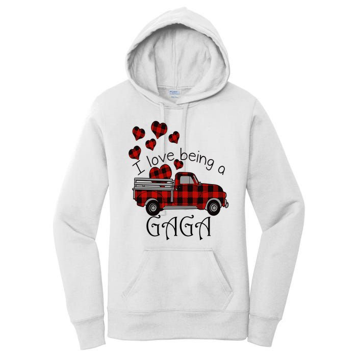 Love Being Gaga Red Plaid Truck Gnome Hearts Valentine's Day Gift, Funny Red Women's Pullover Hoodie