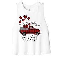 Love Being Gaga Red Plaid Truck Gnome Hearts Valentine's Day Gift, Funny Red Women's Racerback Cropped Tank