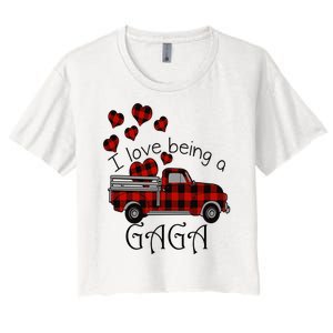 Love Being Gaga Red Plaid Truck Gnome Hearts Valentine's Day Gift, Funny Red Women's Crop Top Tee