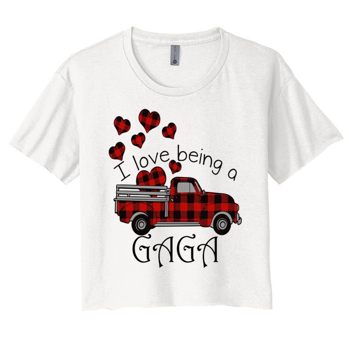 Love Being Gaga Red Plaid Truck Gnome Hearts Valentine's Day Gift, Funny Red Women's Crop Top Tee