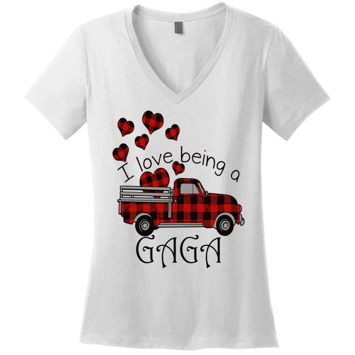 Love Being Gaga Red Plaid Truck Gnome Hearts Valentine's Day Gift, Funny Red Women's V-Neck T-Shirt