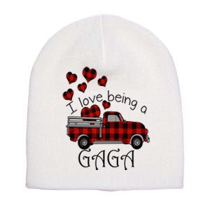 Love Being Gaga Red Plaid Truck Gnome Hearts Valentine's Day Gift, Funny Red Short Acrylic Beanie