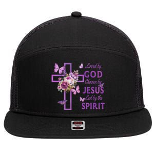 Loved By God Chosen By Jesus Purple Cross And Butterflies 7 Panel Mesh Trucker Snapback Hat