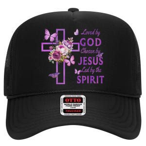 Loved By God Chosen By Jesus Purple Cross And Butterflies High Crown Mesh Back Trucker Hat