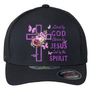 Loved By God Chosen By Jesus Purple Cross And Butterflies Flexfit Unipanel Trucker Cap