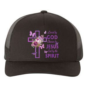 Loved By God Chosen By Jesus Purple Cross And Butterflies Yupoong Adult 5-Panel Trucker Hat