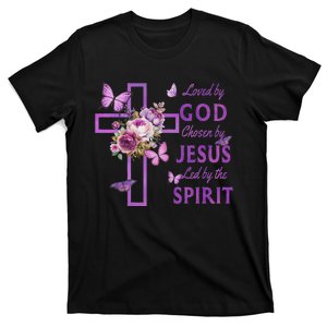 Loved By God Chosen By Jesus Purple Cross And Butterflies T-Shirt