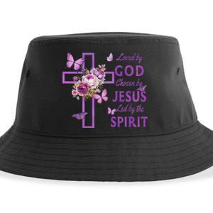 Loved By God Chosen By Jesus Purple Cross And Butterflies Sustainable Bucket Hat