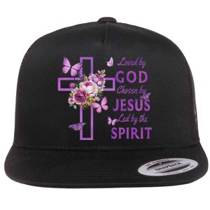 Loved By God Chosen By Jesus Purple Cross And Butterflies Flat Bill Trucker Hat