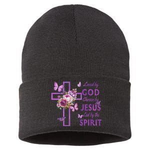 Loved By God Chosen By Jesus Purple Cross And Butterflies Sustainable Knit Beanie