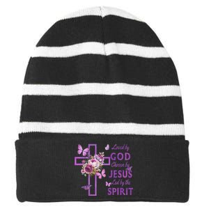 Loved By God Chosen By Jesus Purple Cross And Butterflies Striped Beanie with Solid Band