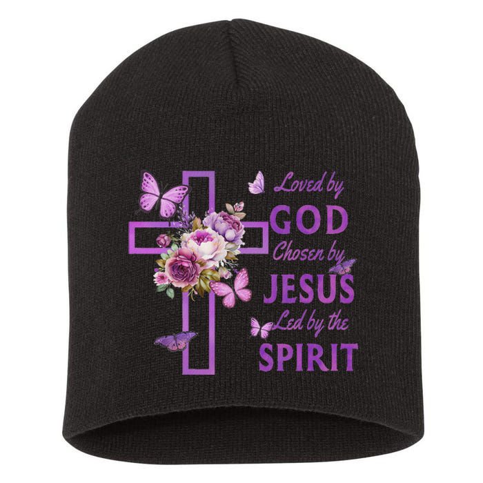 Loved By God Chosen By Jesus Purple Cross And Butterflies Short Acrylic Beanie