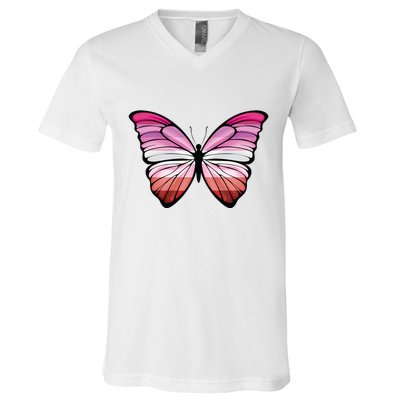 Lesbian Butterfly Hypolimnas Lesbian Pride Flag V-Neck T-Shirt