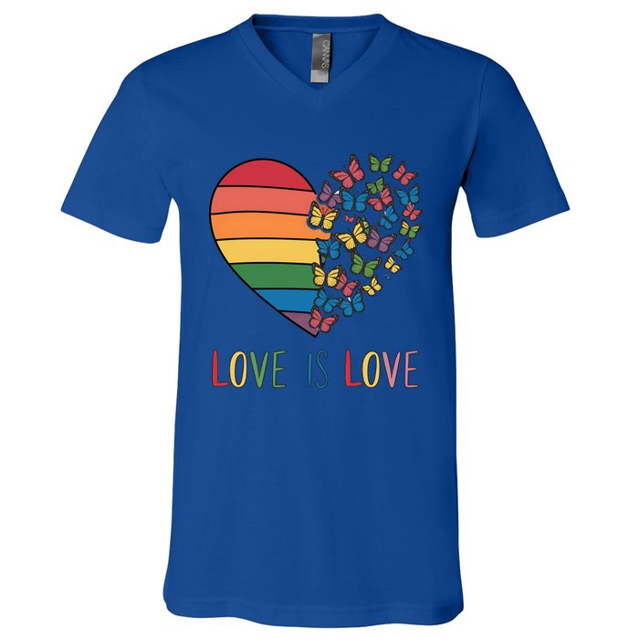 Lgbt Butterfly Heart Rainbow Love Is Love Lesbian Pride Gift V-Neck T-Shirt