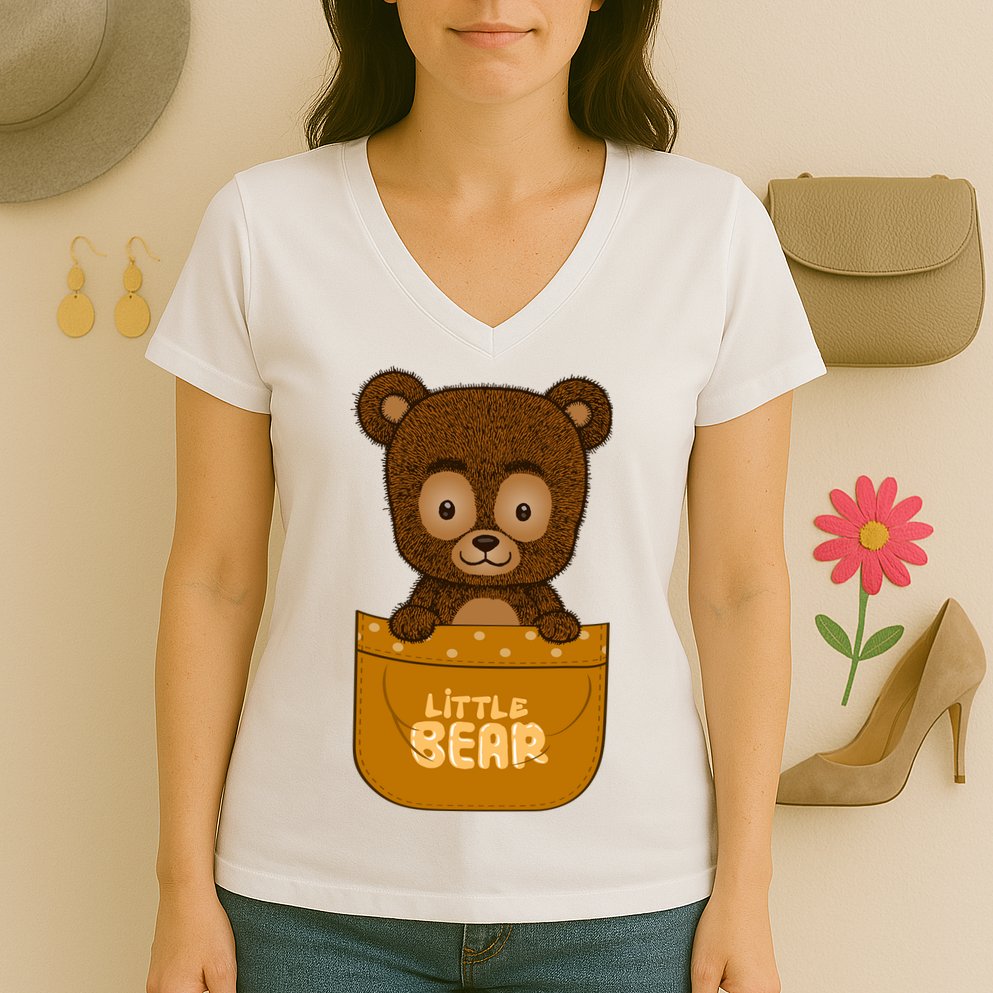 Little Bear Inside The Pocket Women's V-Neck T-Shirt