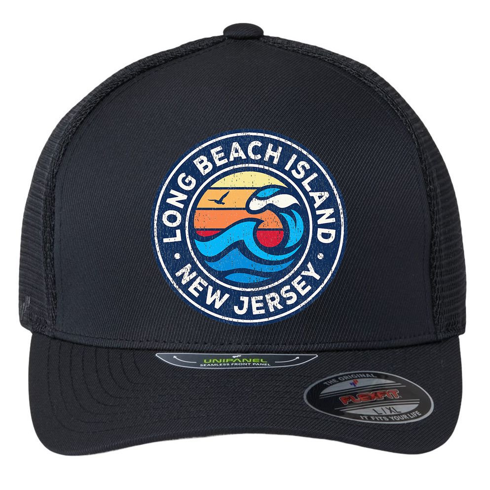 Long Beach Island New Jersey Nj Vintage Nautical Waves Desig Flexfit Unipanel Trucker Cap