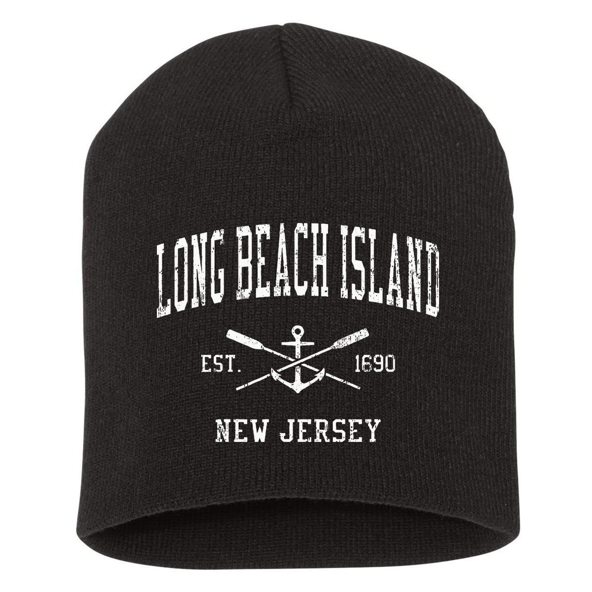 Long Beach Island Nj Vintage Crossed Oars & Boat Anchor Spor Short Acrylic Beanie