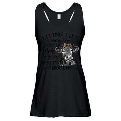 Living Between Jesus Take The Wheel And I Wish A Heifer Ladies Essential Flowy Tank