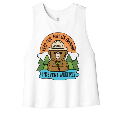 Littleofpins Bear Keep Our Forests Growing Prevent Wildfires Women's Racerback Cropped Tank