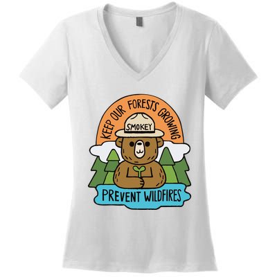 Littleofpins Bear Keep Our Forests Growing Prevent Wildfires Women's V-Neck T-Shirt