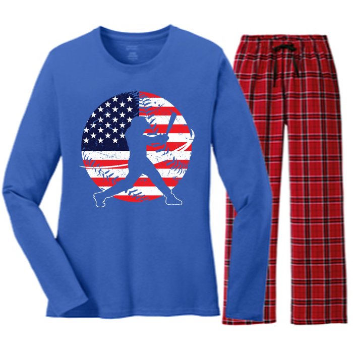 Love Baseball Love American Flag Gift Design Idea Funny Gift Women's Long Sleeve Flannel Pajama Set 