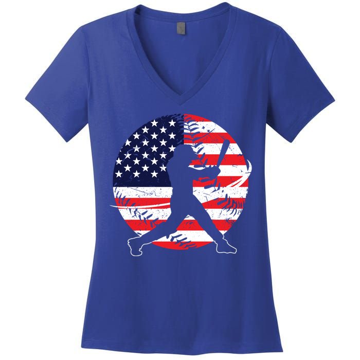 Love Baseball Love American Flag Gift Design Idea Funny Gift Women's V-Neck T-Shirt