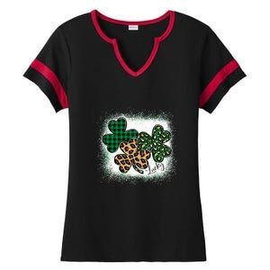 Lucky Bleached Leopard Shamrocks Irish Women Girl Ladies Halftime Notch Neck Tee