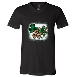 Lucky Bleached Leopard Shamrocks Irish Women Girl V-Neck T-Shirt